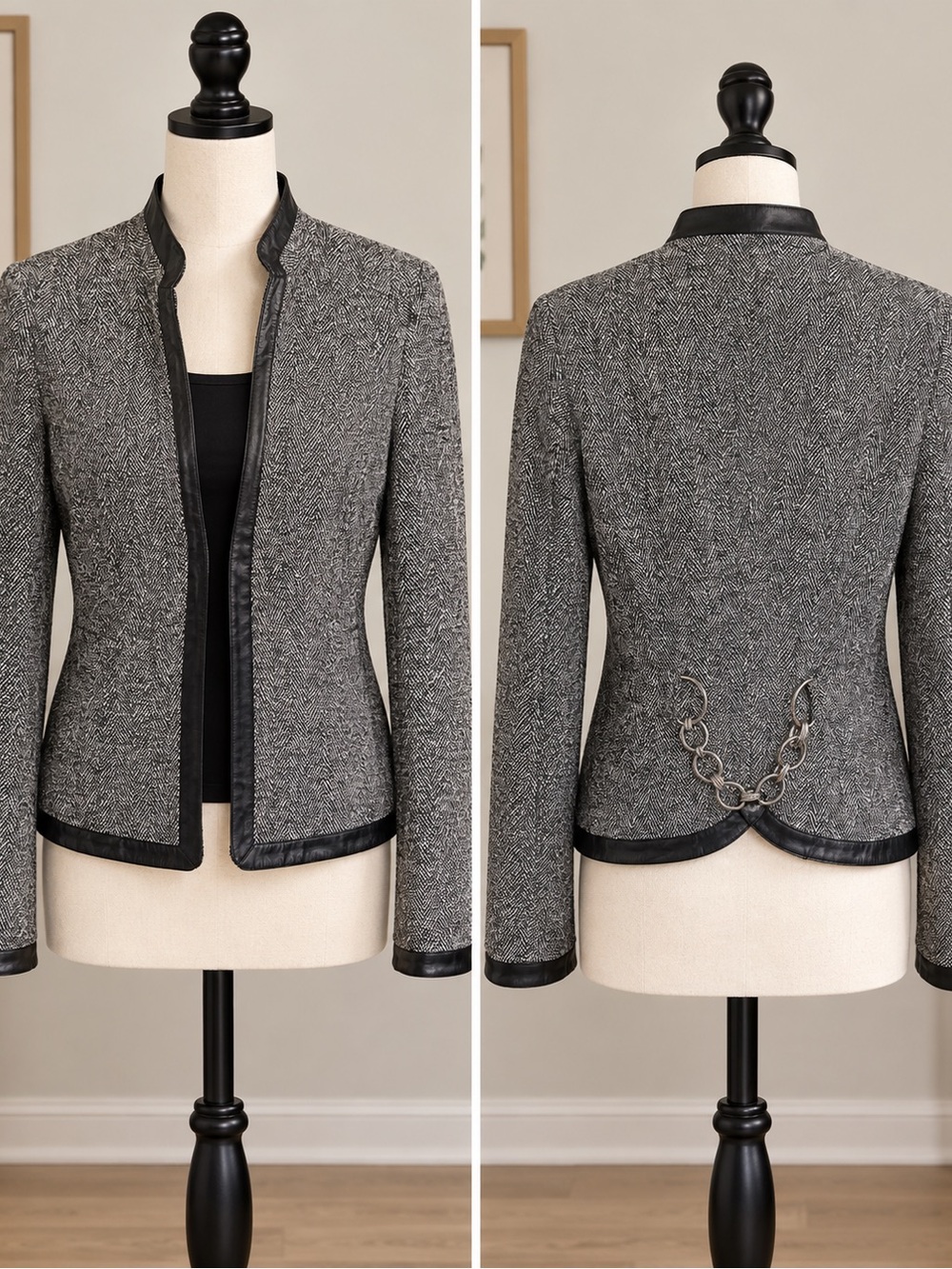 bebe Gray Tweed Jacket with Black Trim and Decorative Chain